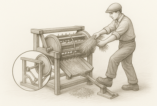 足踏み脱穀機の作業風景